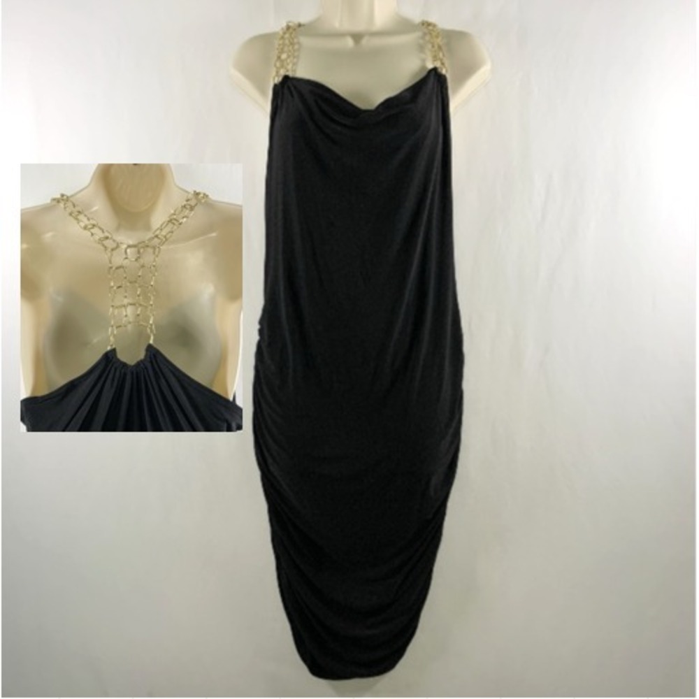VTG Y2K Chain Halter Cowl Neck Bodycon Dress Sz L Club Going Out Vegas Stretch